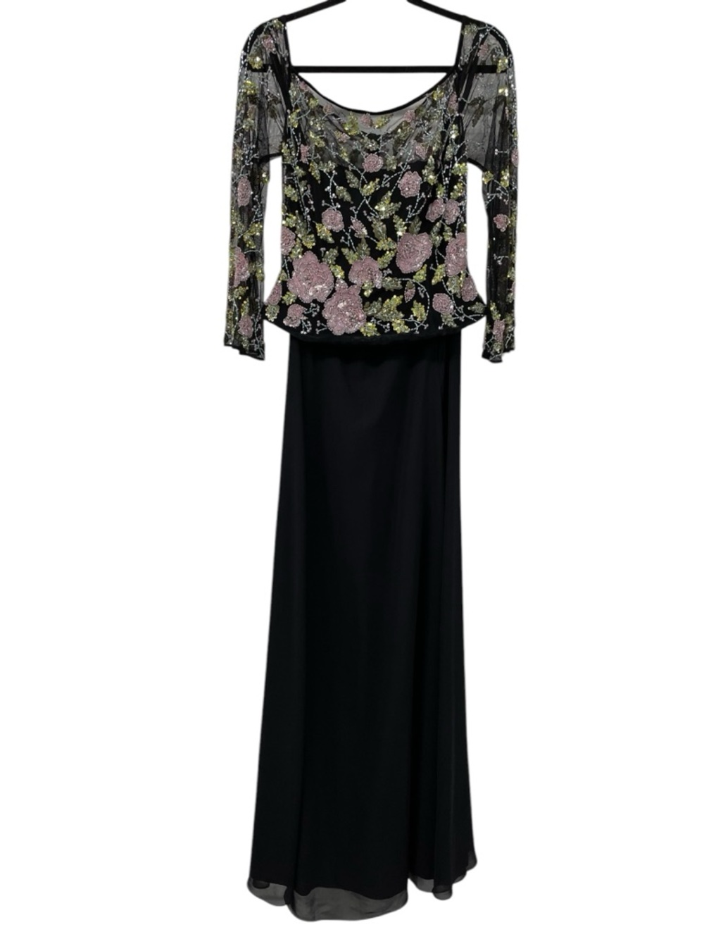 CASSANDRA STONE Black Formal Dress Mesh Top Pink Green Floral Sequins Beads 12